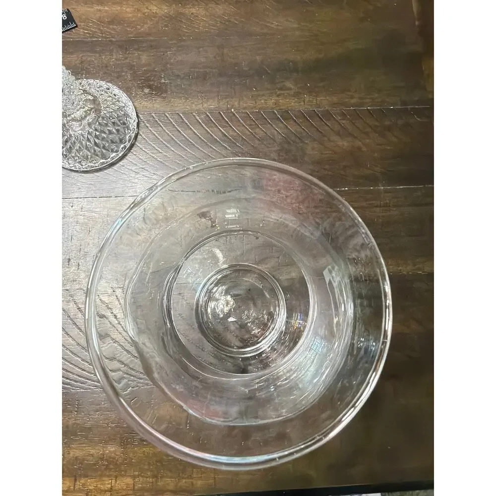 Vintage Clear Crystal Glass Large Covered Jar Diamond Point Lid Ball Finial